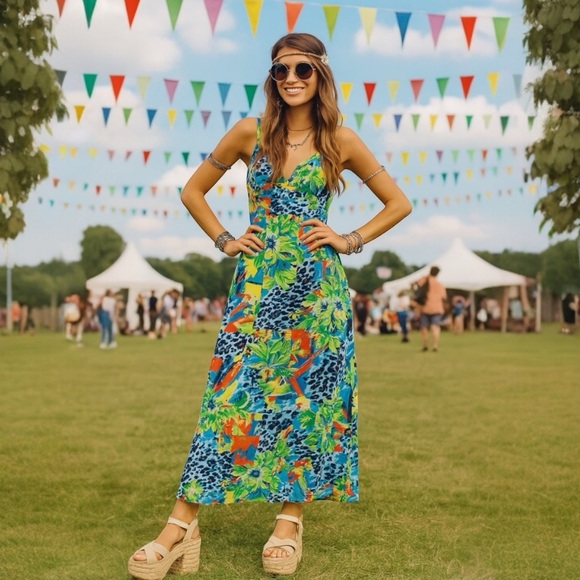 Derek Heart Multicolor Vibrant Floral Animal Print Tropical Maxi Dress Size M - Picture 1 of 13